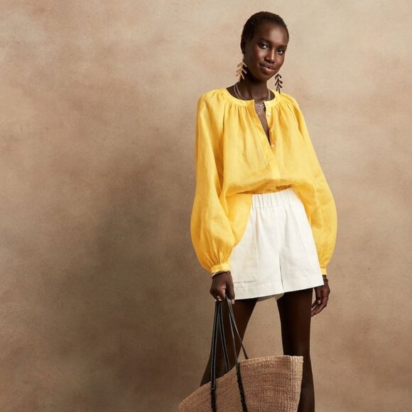 Banana Republic | Yellow Ramie Balloon Sleeve Blouse, Size XS - Picture 2 of 7